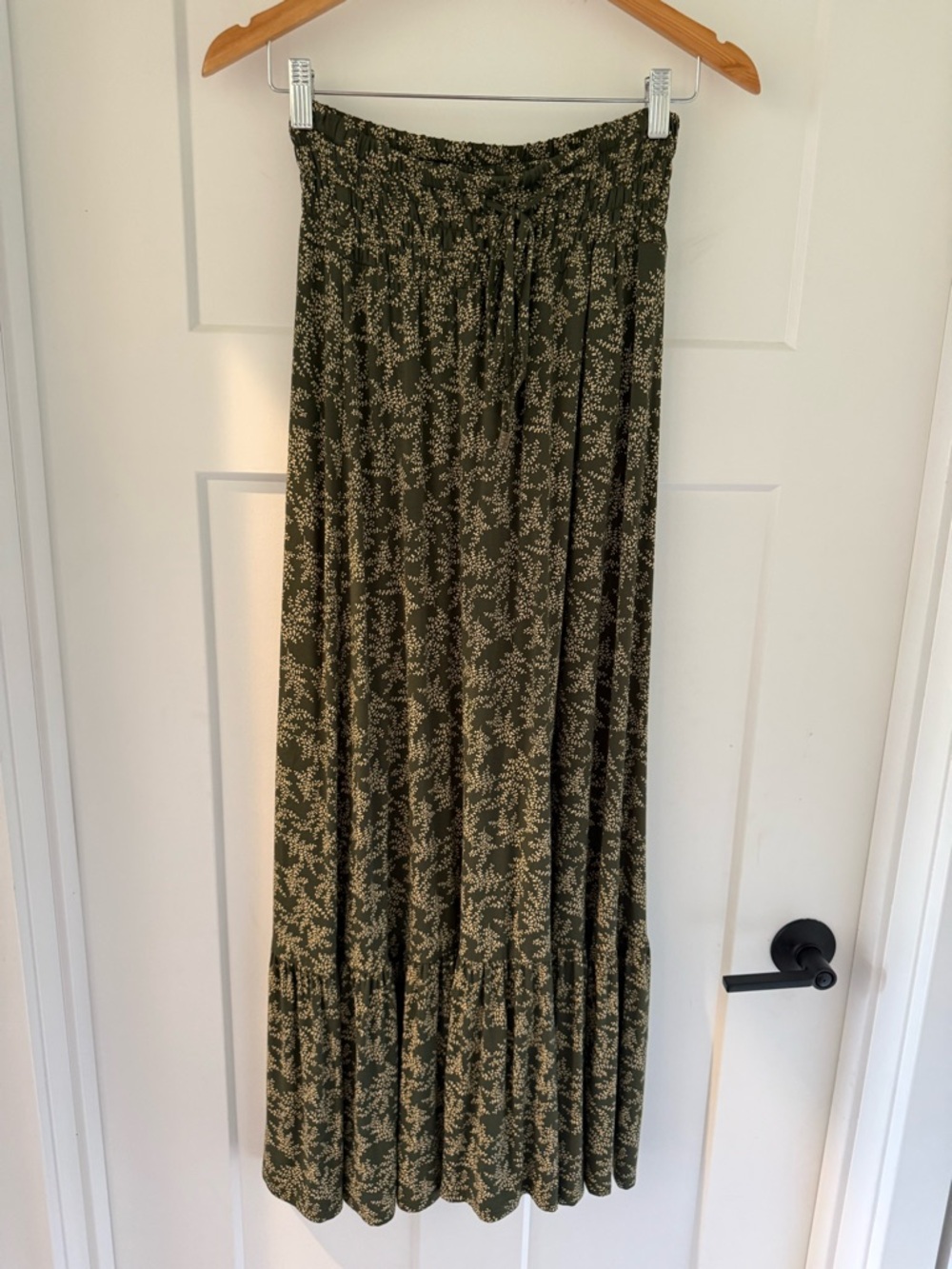 Olive Green Floral Tiered Maxi Skirt with Elastic Waist